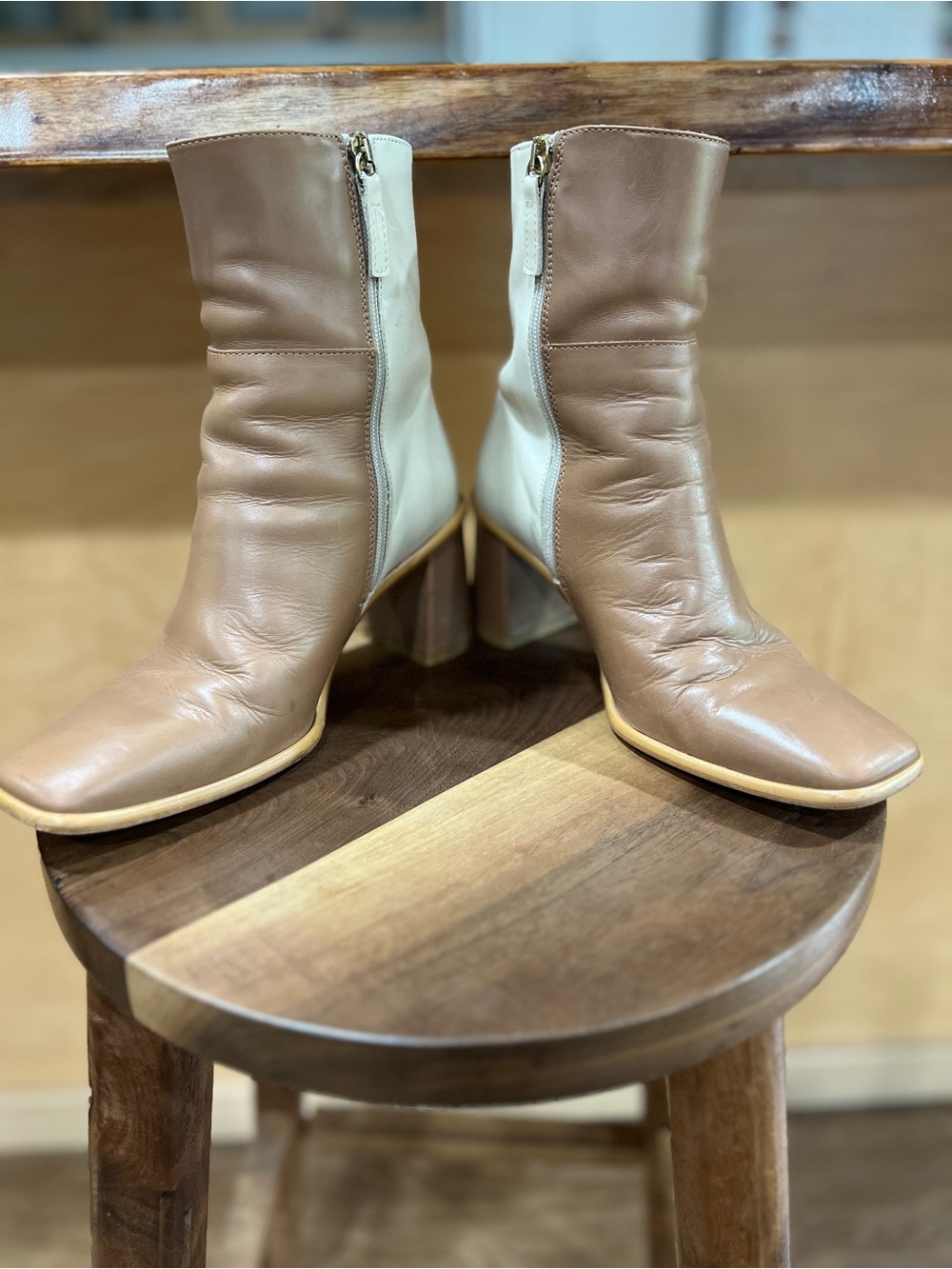 Alohas West Leather Boots- Two-Tone Tan and Cream Ankle Boots